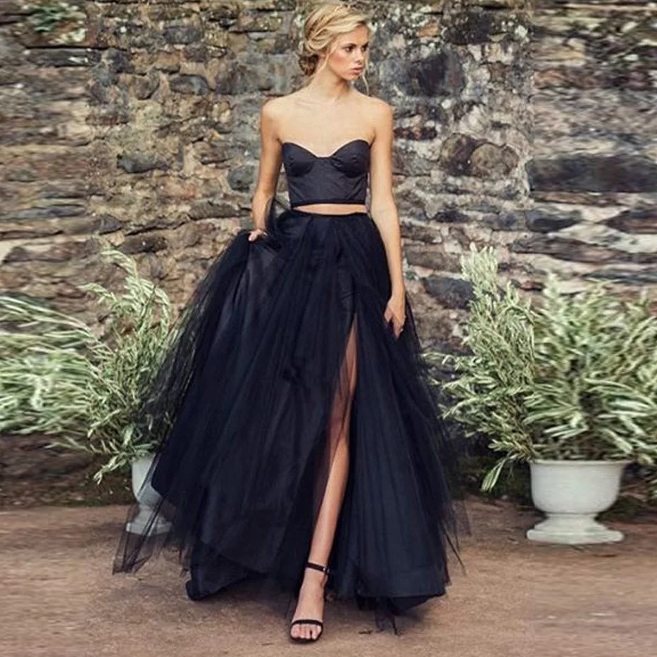 Magiczna czarna długa spódnica z tiulu eleganckie boczne rozcięcie Puff Tulle Maxi Tutu spódnice damskie drapowana moda spódnica damska Saia Jupe Faldas