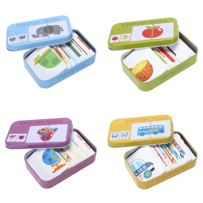 Baby Kids Cognition Puzzles Toys Toddler Iron Box Cards Matching Game Cognitive Cards Vehicl Fruit Animal Life Sets Pair Puzzles