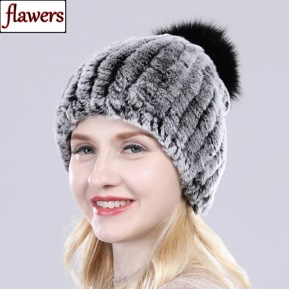 

Winter Natural Real Rex Rabbit Fur Hat Women Elasitc Warm Handmade Knitted Real Rex Rabbit Fur Caps Fox Fur Pompoms Beanies Cap