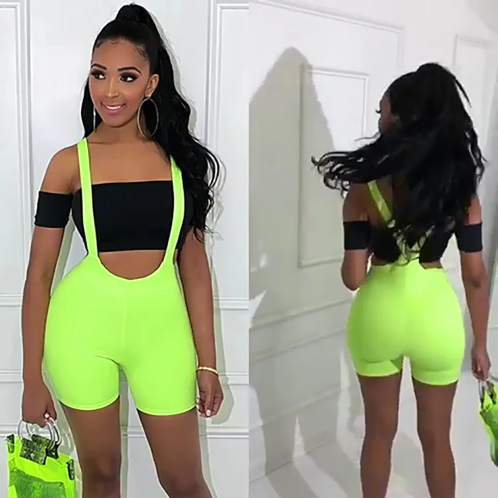 

BKLD 2024 Women Summer Sexy Bodycon Shorts High Waisted Spaghetti Strap Shorts Clubwear Party Fashion Neon Green Overall Shorts