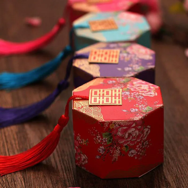 200pcs/lot Double Happiness Vintage Chinese Style Paper Unique Sweetbox Wedding Favors Gifts Holders Sugar Candy Box ZA4005