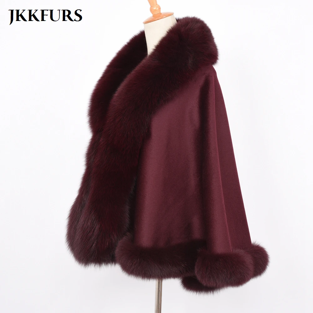 JKKFURS Women\'s Poncho Genuine Fox Fur Collar Trim & Cashmere Cape Wool Fashion Style Autumn Winter Warm Coat S7358