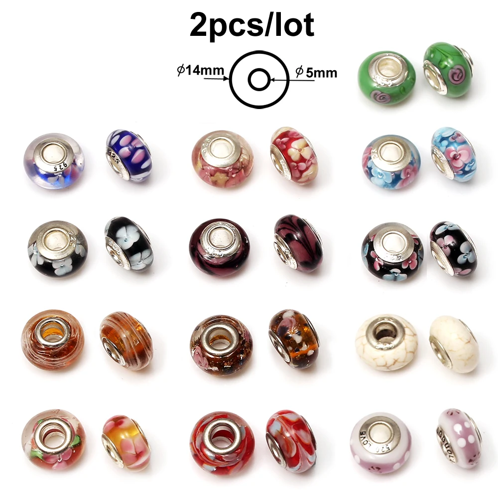 2Pcs/lot European Colorful Murano Glass Beads Anime Flower Charm Beads Fit Original Brands Bracelets & Bangles Couples Jewelry