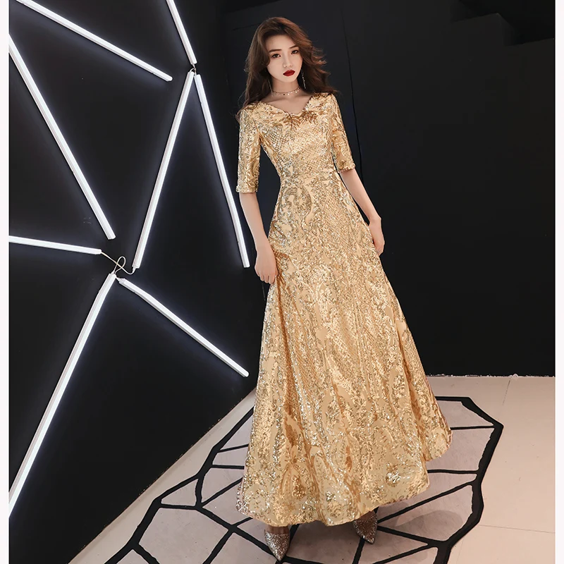 Customized Gold Wine Red Evening Dresses Long 2024 Elegant V-neck A-line Floor-Length Sequined Formal Evening Gown WY1082