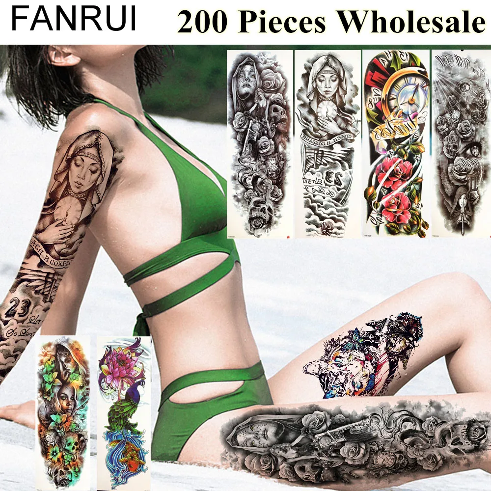 

200 Pieces Wholesale Temporary 48x17cm Tattoo Full Arm Leg Nun Lion Tatoo For Men Women Henna Body Art Tattoo Stickers Supplies