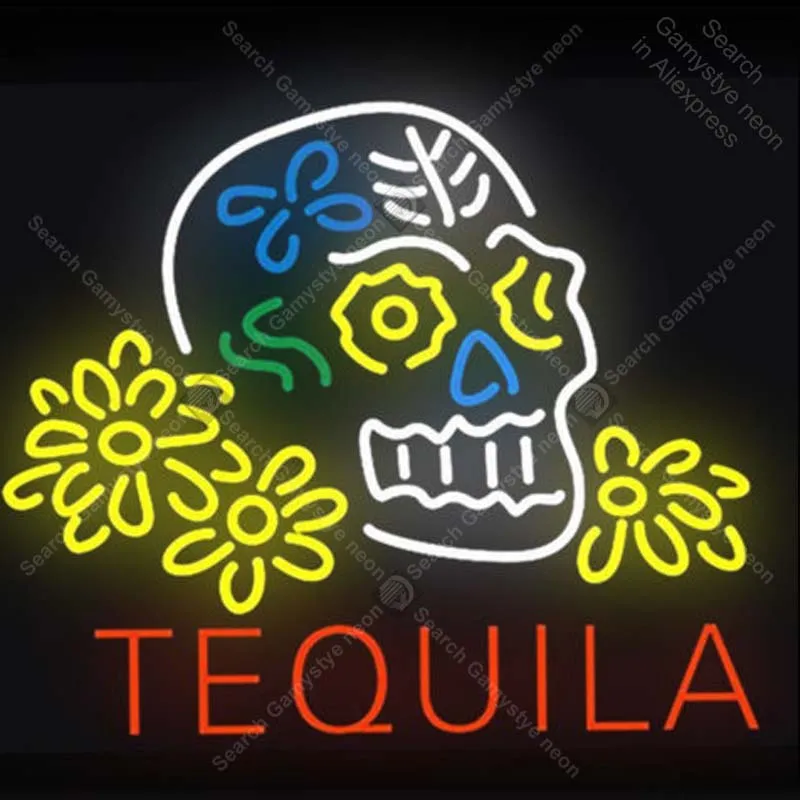 Neon Signs Gift TEQUILA Skull flowers Hom room Wall Decor Advertising Sign Neon Bar Sign Neon lamps Personalized Night Art lamps