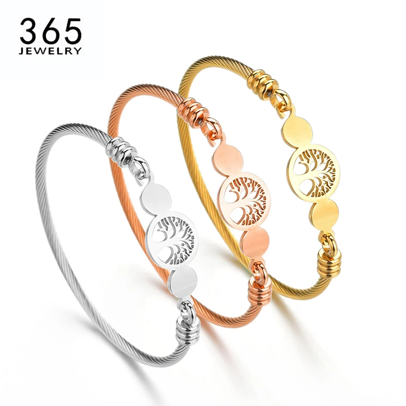 Fashion Stainless Steel Hollow Tree of Life Bracelets Women Men Gold Color Lucky Round Bangle Jewelry Gift Drop shipping