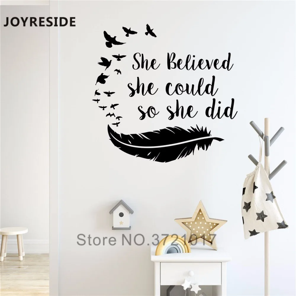 JOYRESIDE Girls She Believed She Could So She Did Wall Decal Vinyl Sticker Quote Birds Feather Home Decoration Art Design XY062