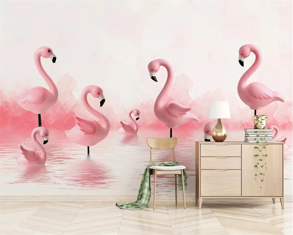 

Customize any size mural modern Pink flamingo leaves kids room boy girl cute background mural 3d wallpaper papier peint