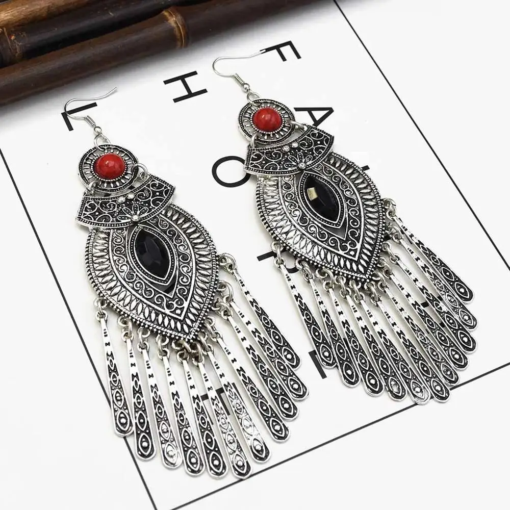 Thailand Silver Color Vintage Indian Big Long Tassel Statement Earrings for Women Jhumka Gypsy EgyptianTurkish Tribal Jewelry