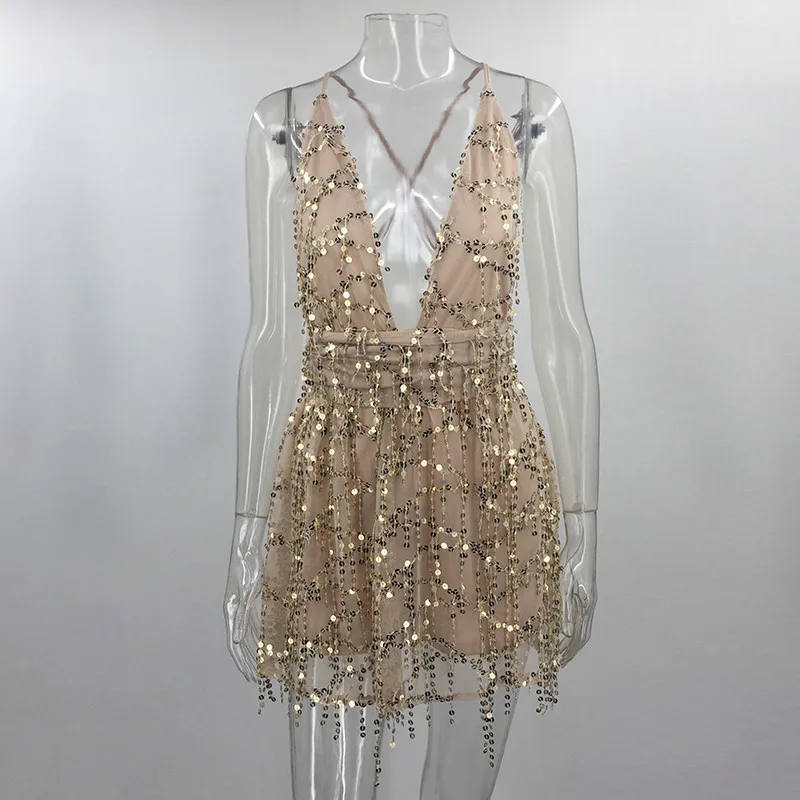 เลื่อม Spaghetti Strap Playsuit V คอเซ็กซี่ Club Party Rompers Backless Playsuits ฤดูร้อนสั้น Jumpsuit