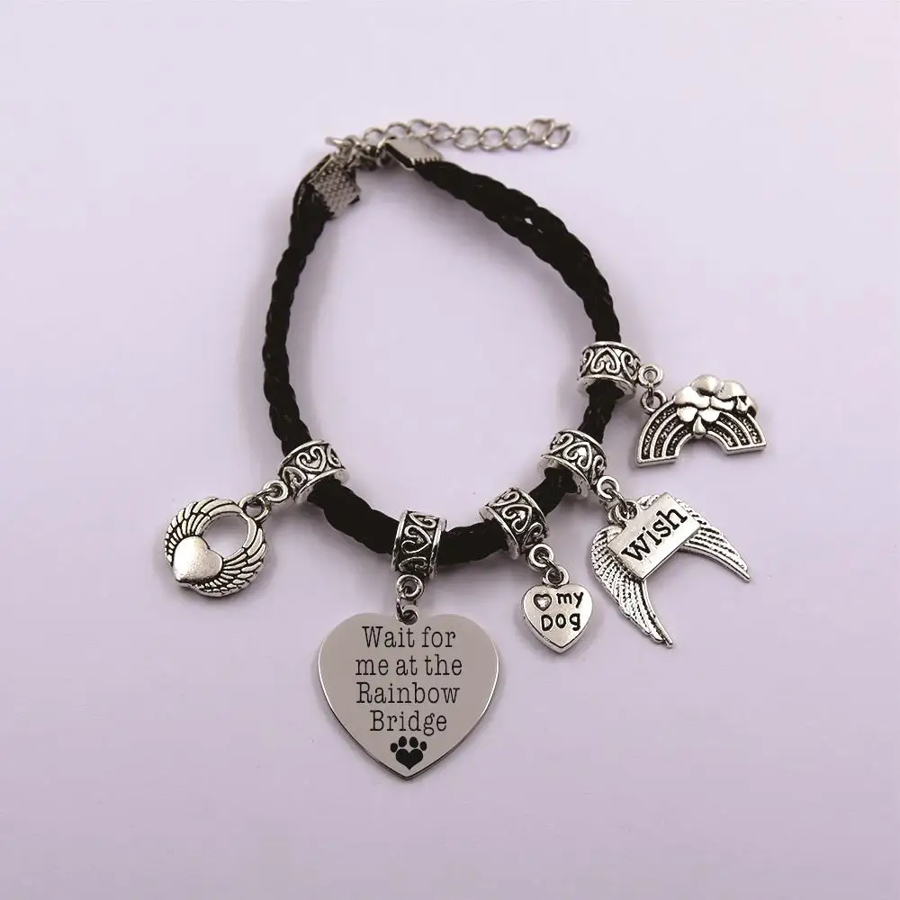 wait for me at the rainbow bridge leather chain dog angel pet loss pet ownermemory  bracelet gift for dog lover