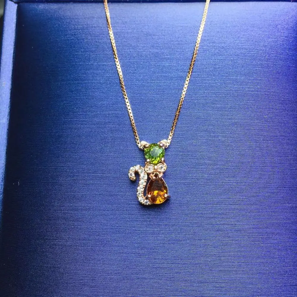 cat shape yellow green tourmaline ring  and necklace jewelry set real 925 silver natural gem child girl boy birthday gift