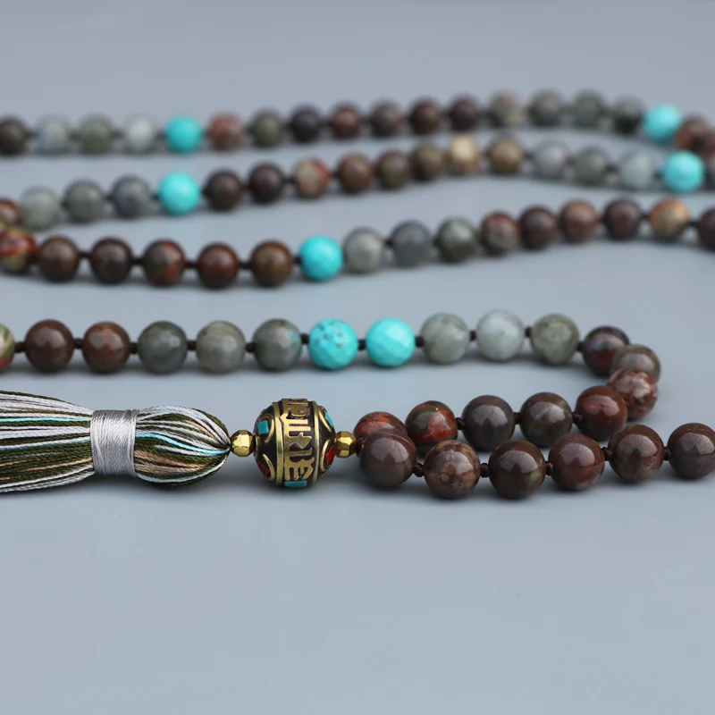 EDOTHALIA 108 Beads Mala Necklace Women 8MM Flower Onyx & Labradorite Natural Stone Knotted Long Tassels Necklaces Nepal Jewelry