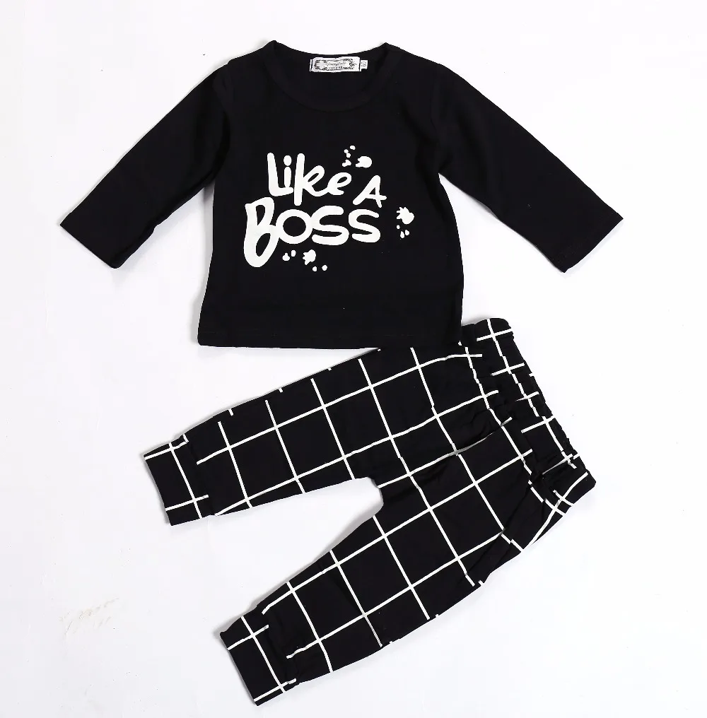  Spring Autumn Baby Boy Outfits Like A Boss Long Black Tops+Pant 2PCS Clothing Sets Kids Infant Boys Girls Clothes Sets