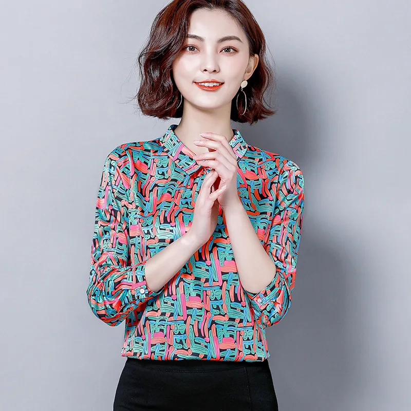 Women\'s Shirt Clothes Spring Summer Printed Silk Turn Down Top Female Long Sleeve Casual Plus Size Office Ladies Blouses H9091