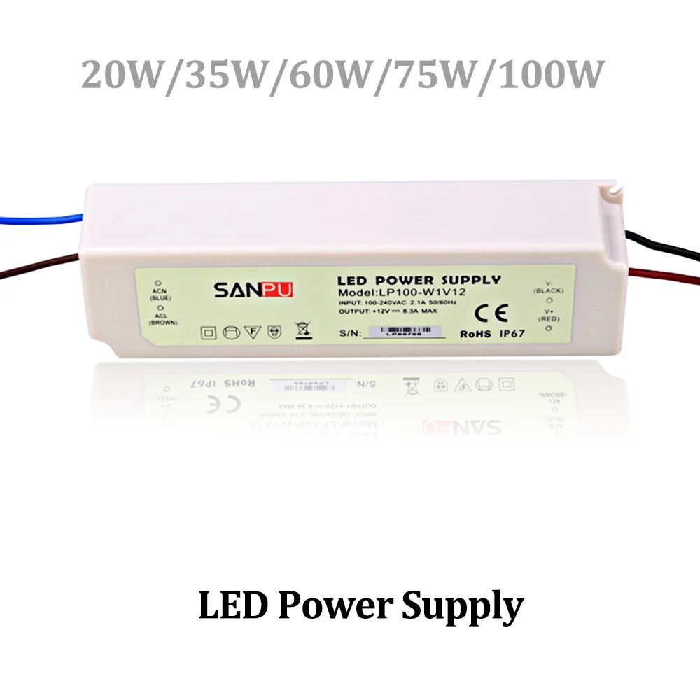 

BSOD LED Power Supply Driver Waterproof Input AC100-240V Output Voltage DC12V 24V Light Transformer 20W 35W 60W 75W 100W