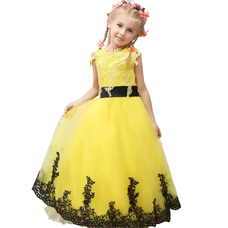 Vestido de flores para niña, vestidos de tul de Encaje amarillo para primera comunión, vestido de desfile hinchado, vestido de baile para niños, vestido de Graduación