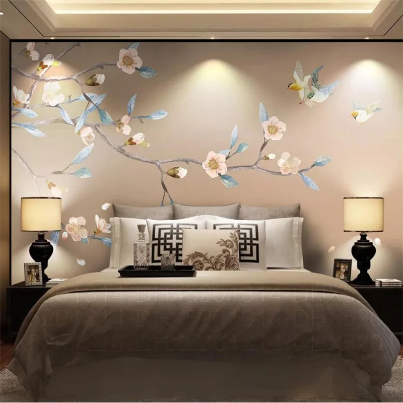 

wellyu Custom wallpaper 3D photo murals elegant peach new Chinese hand-painted pens flowers and birds TV background wall paper