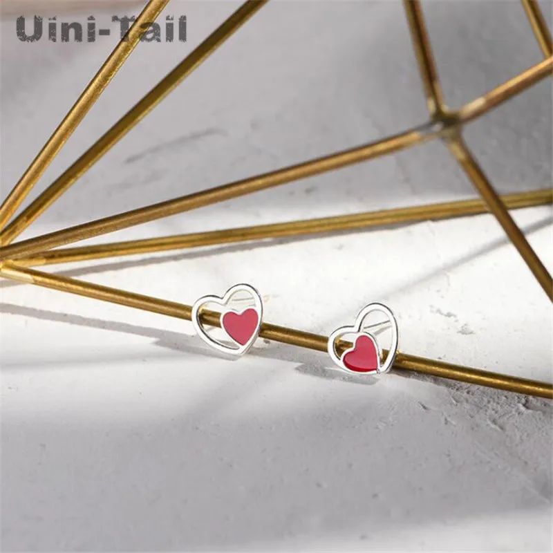 UiniTail hot new 925 Tibetan silver fashion red heart-shaped earrings temperament tide flow small heart-shaped ear jewelry ED177