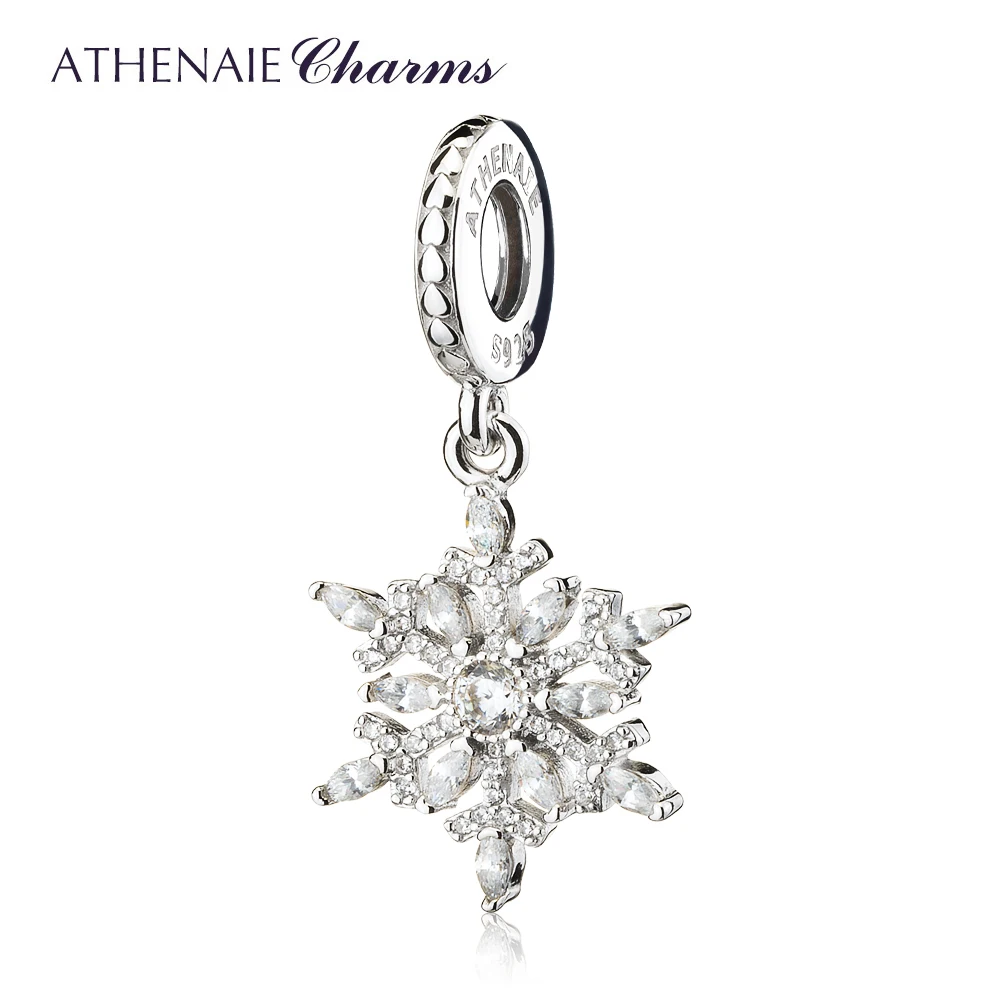 ATHENAIE 925 Sterling Silver Pave Blue Crystals CZ Crystalized Snowflake Pendant Drops Charms Beads For Women Gift Mother\'s Day