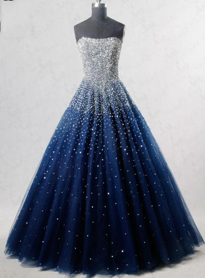 Neue Ballkleid Elegante Prom Kleider 2019 Perlen Schatz Tulle Navy Blau Formale Kleid für Graduation Abend Prom Party Kleider