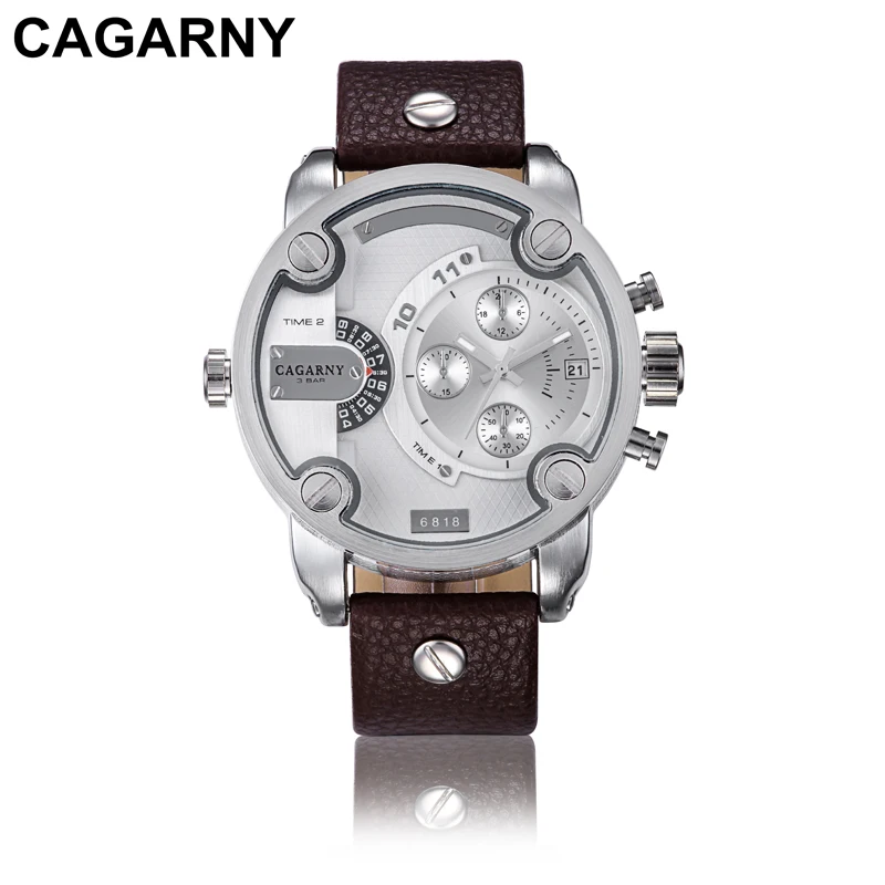 Cagarny Watches Men Luxury Brand Leather Strap Quartz Dual Time Zone Analog Date Men Sports Russian Military Oversize Wristwatch