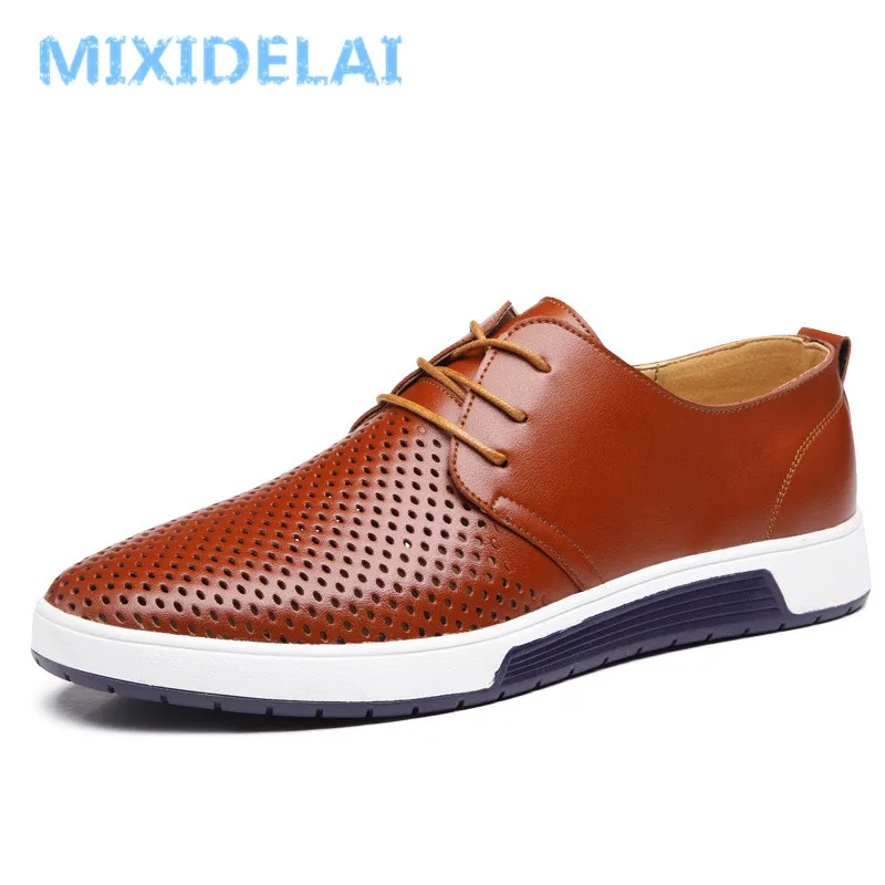 MIXIDELAI New Summer Breathable Holes Soft Male Casual Leather Shoes Adult Luxury Brand Flat Footwear Comfortable Shoes For Men