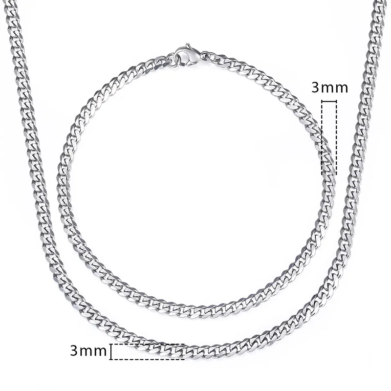 Jewelry Set For Men Stainless Steel Bracelet Necklace Set Curb Cuban Chain 2018 Hip Pop Wholesale Jewelry Male 3mm KKS114