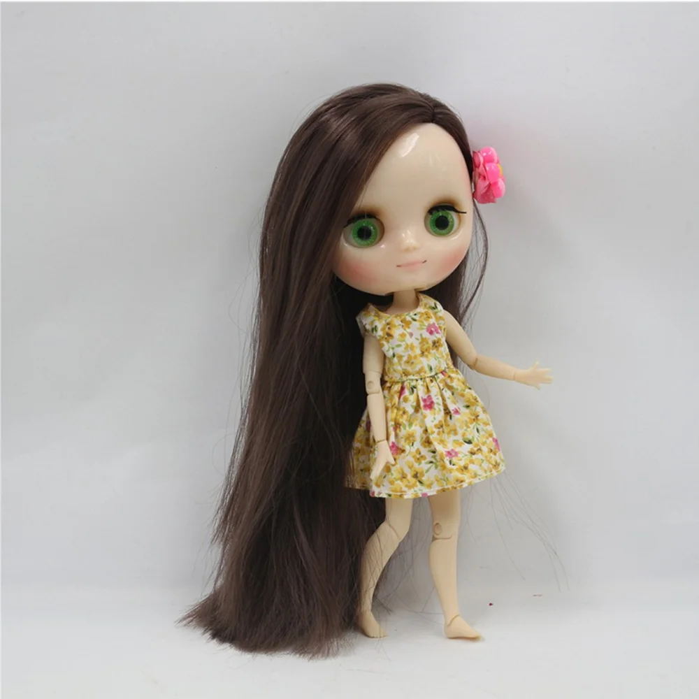 Middle Blyth Nude Doll 20Cm Joint Body shine face Long Straight Brown Hair Side Cut 1/8 with hand set