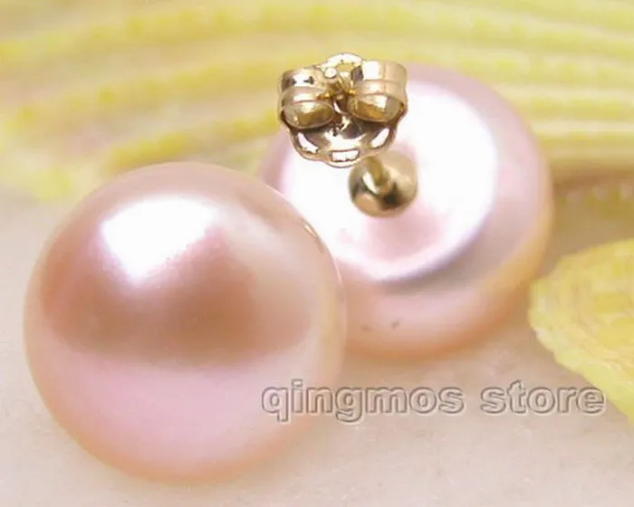 SALE 10-11mm Natural pink color Flat cultured Pearl Earring with Solid Gold Stud-2410 wholesale/retail Free shipping