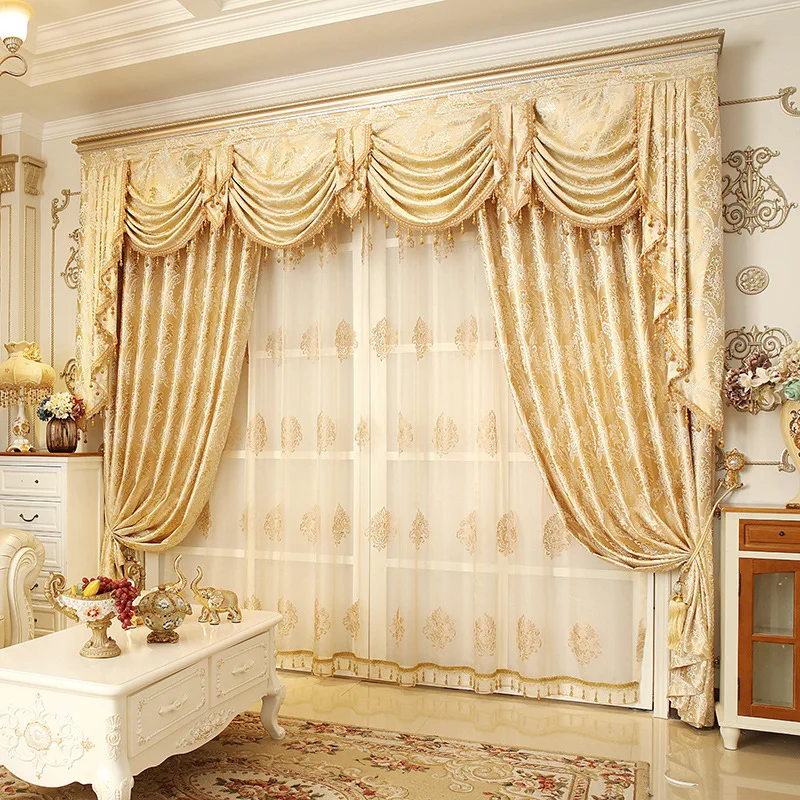 Custom curtains luxury high class European French yellow embroidered yarn dyed cloth blackout curtain tulle valance N307