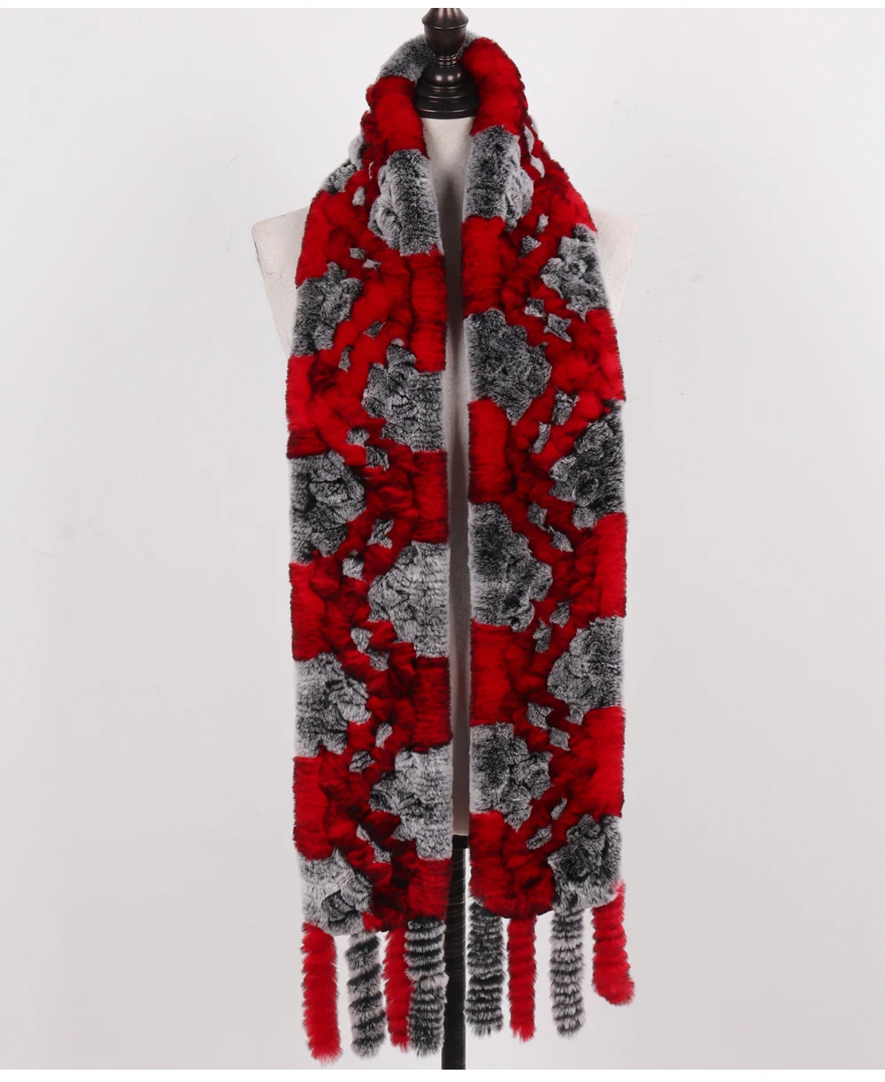 Neue Damen-Schals aus 100% natürlichem Rex-Kaninchenfell, langer Stil, gestrickte Rex-Kaninchenfell-Quastenschals, warme Echtfell-Schals für den Winter. – Detail 25