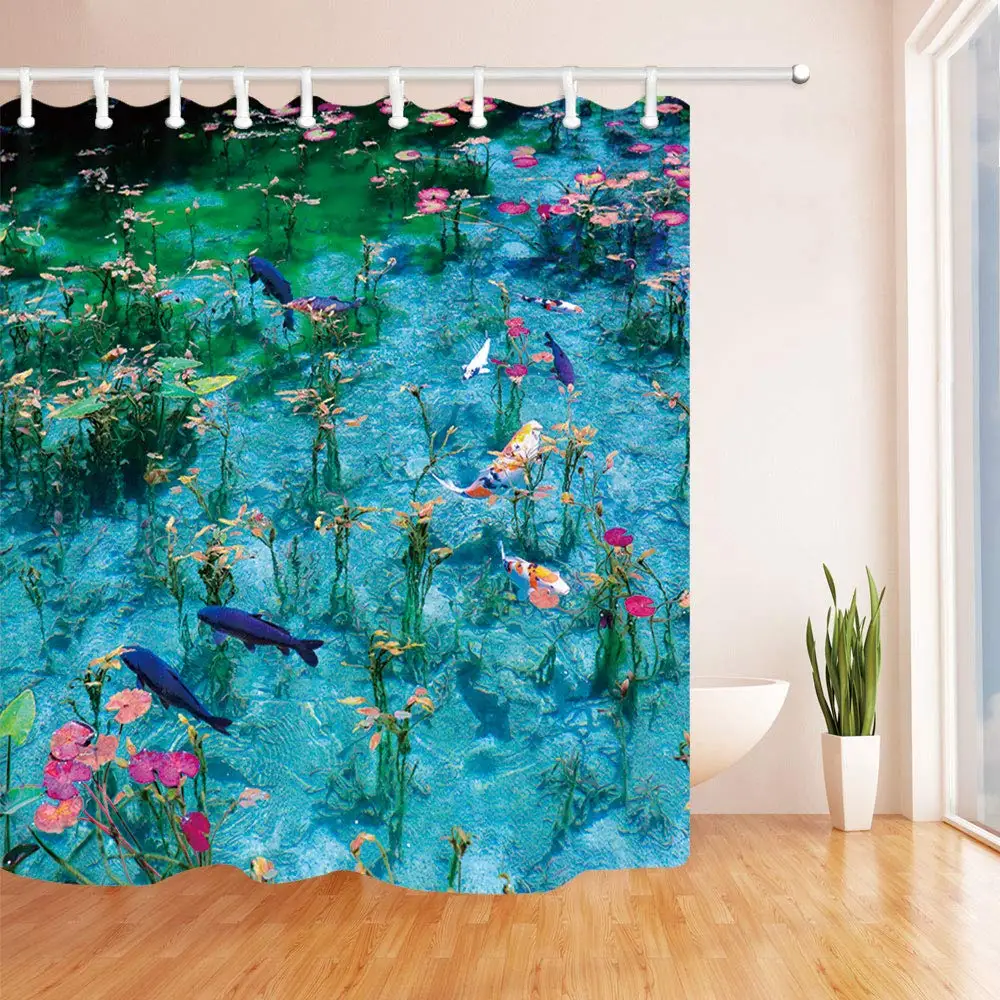 Various of Fish On Pond Lake with Beautiful Grass Flower Design Nature Garden Shower Curtain