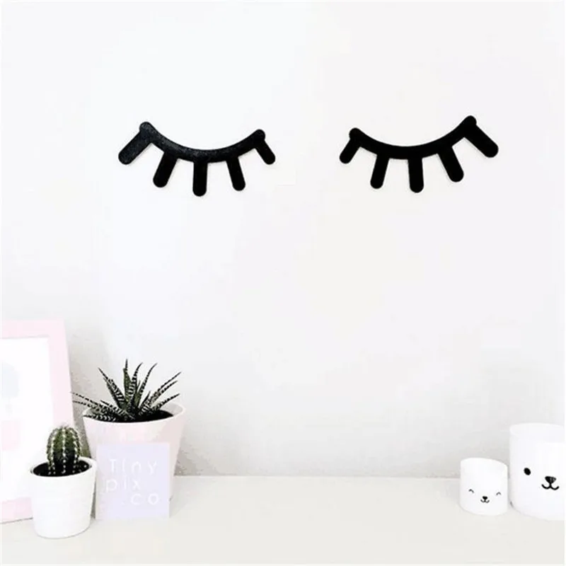 2Pcs Hot 3D Eyelash Wooden Eyelash Wall Sticker For Nursery Kids Room Selfadhesive Background DIY Home Decoration 15*6*0.65cm