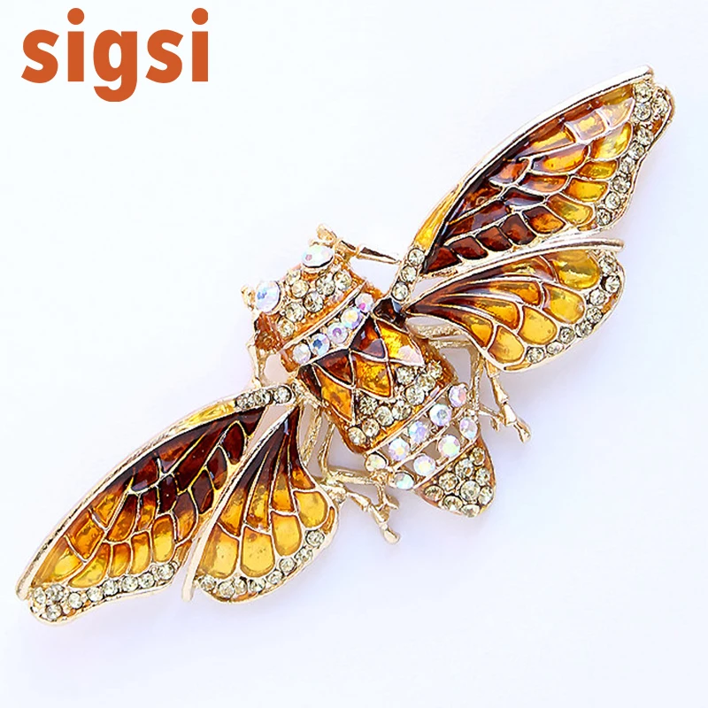 DHL free shipping 100pcs a lot 3.25W x 1.25H inches Gorgeous Brown Color Yellow Crystal Big Cicada Pin Brooch