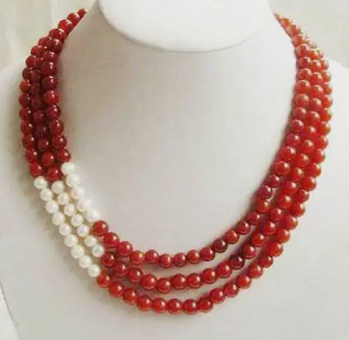 Wonderful 3 Rows 8mm Red new and White Pearl Necklace ^^^@^Noble style Natural Fine jewe FREE SHIPPING