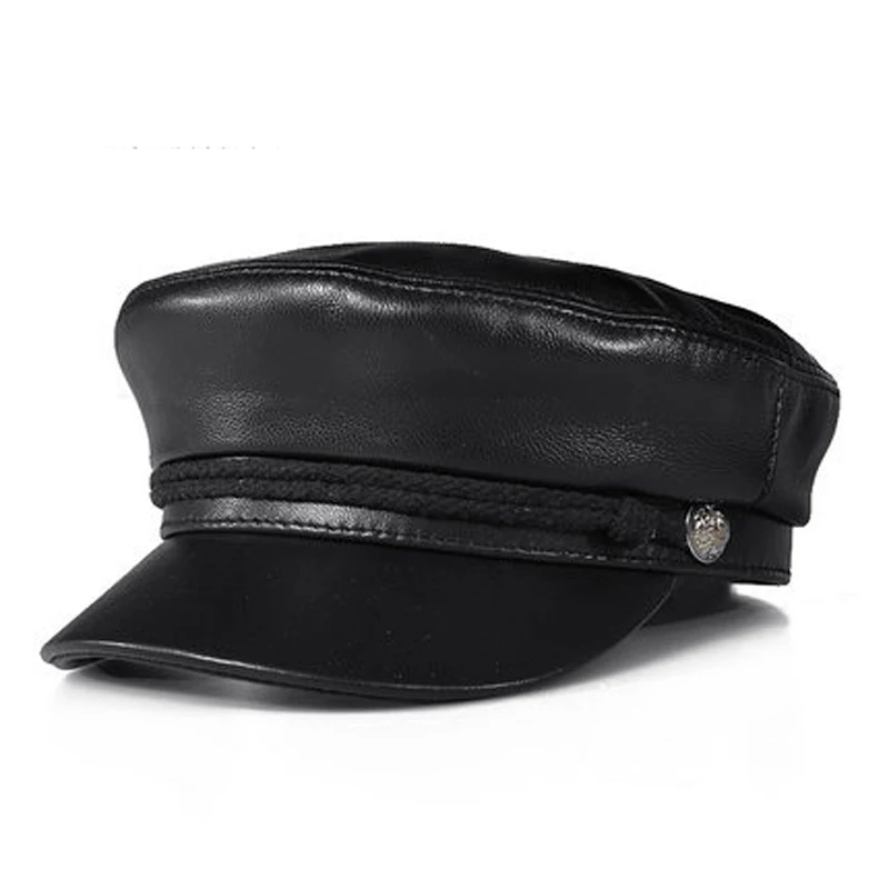 Spring Unisex Genuine Leather Flat Top Baseball Caps For Men Women Hat Punk Rock Rivet Golden Chain Casquette Army Navy Caps Fit