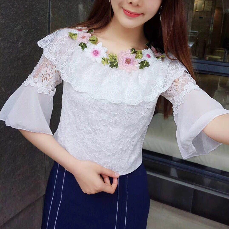 2018 Women Summer Mesh Shirt Sweet Floral Lace Blouse Female Slash Neck Short Sleeve Blouses Blusas Bottoming Short Tops AB848