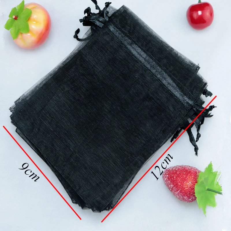 

200pcs Black Organza Bags Cute Jewelry Charms Packaging Bags 9x12cm Small Drawable Wedding Christmas Organza Gift Bag & Pouches