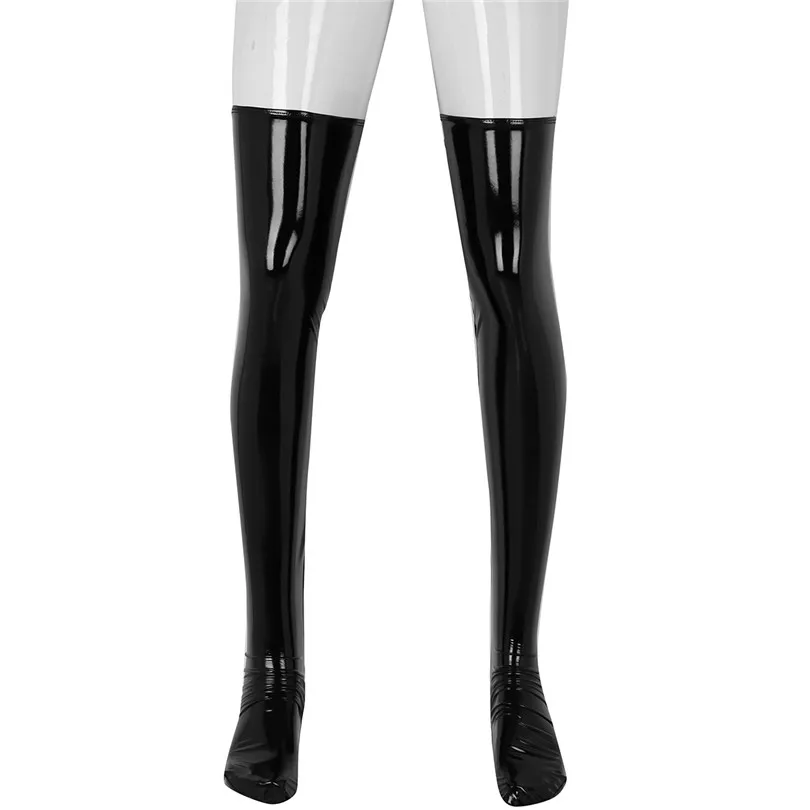 iEFiEL Mens Sexy Anti-skid Soft Elasticity Wetlook Patent Leather Thigh High Footed Stockings Clubwear Costume Cosplay Socks