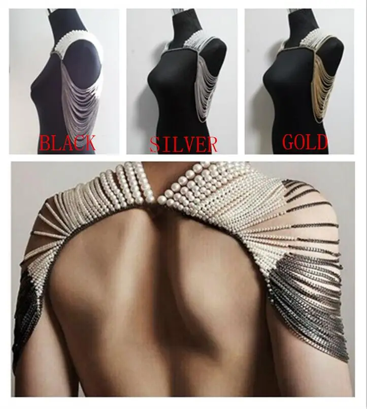 NEW ARRIVALS STYLE P36 WOMEN FASHION GRAY CHAINS IMITATION WHITE PEARLS SHOULDER CHAINS BODY CHAINS JEWELRY 3 COLORS