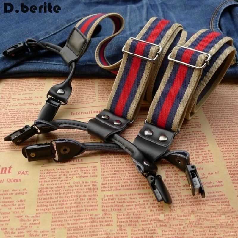 Mens Red Blue Beige Striped Braces Adjustable Six Clip-on Suspenders Adult Belt Strap Unisex Braces For Wedding Party BDXJ301