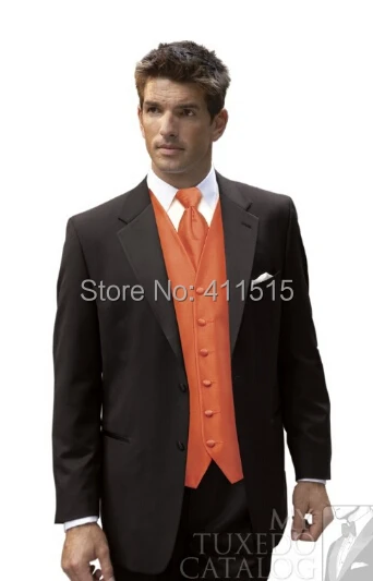 

Black Suit Orange Vest Groom Tuxedos/Notch Lapel Groomsmen Men Wedding Suits/business vest suits (Jacket+Pants+Tie+Vest)