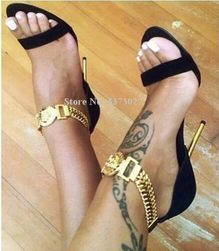 Black Suede Gold Ankle Chain Thin Heel Gladiator Sandals Ladies Stiletto Luxury Metal Heel Dress Sandals Fashion Party Heels