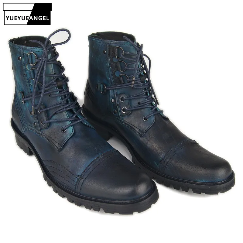 Punk Style Genuine Leather Lace Up Mens Cowboy Boots Handmade Casual Black Blue Working Riding Botas Hombre High Top Shoes