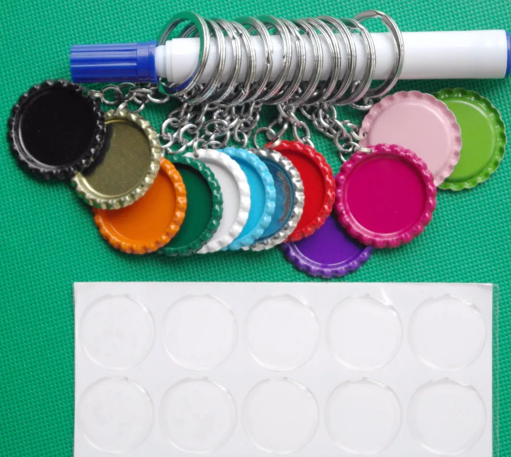 

Mixed 12 Colors 120pcs Flattened Colored Beer Bottle Caps &120pcs Keychain+120pcs 1'' Clear Round Epoxy For DIY Jewelry Crafts