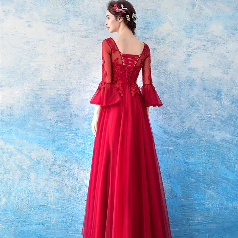 Rot Elegante Rundhals Volle Glocke Hülse Lange Abend Party Kleid Tüll Appliques Open Back Spitze Perlen Geraffte Kleid Für hochzeit