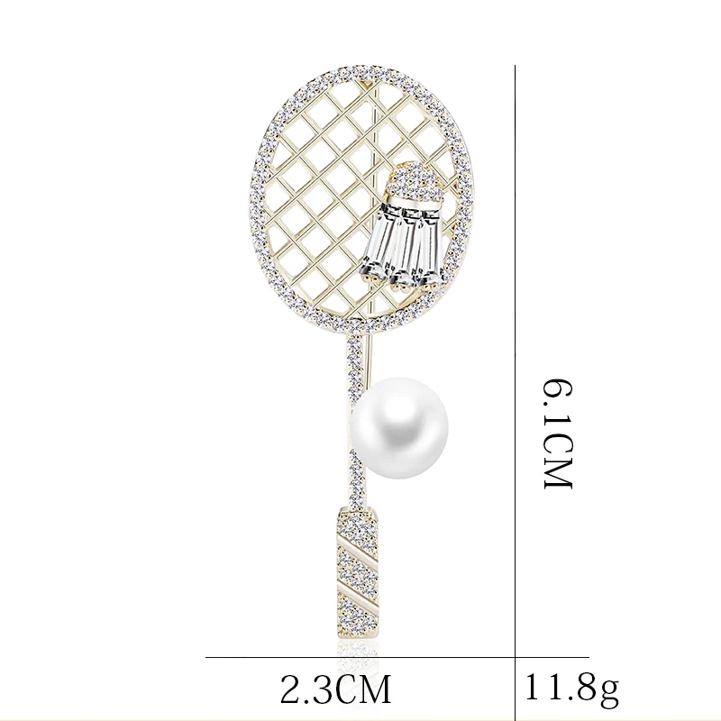 Personality Trend Copper Brooch Sports Badminton Racket Badminton Pearl Copper Zircon Brooch Pin High Quality Jewelry