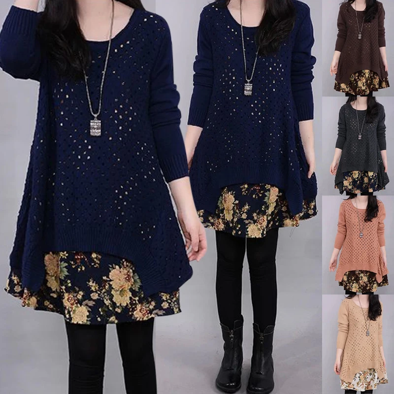 Autumn Winter Women\'s Long sleeve Knitted Floral Dress Loose Casual Party Dress